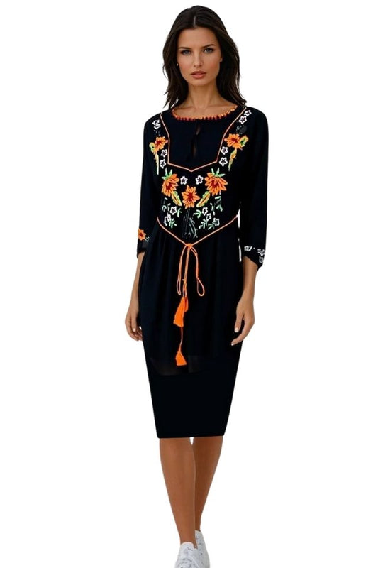 Rochie traditionala dama R, negru mahon/portocaliu