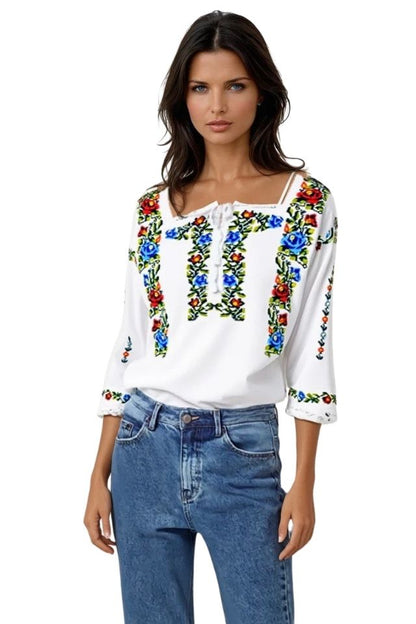 Bluza tip ie traditionala, dama ML 237 alb/verde broscuta