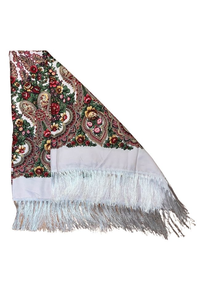 Esarfa tip sal cu flori, Dacali, alb, 107 x107 cm