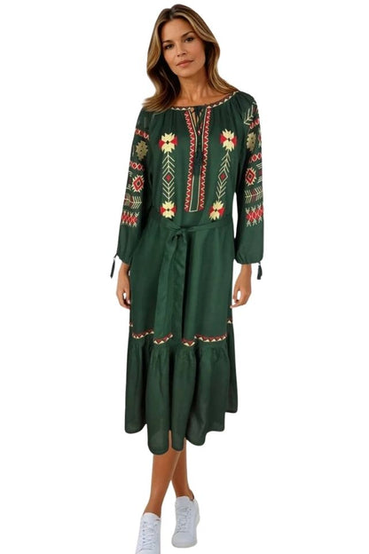Rochie traditionala dama R25 verde/galben