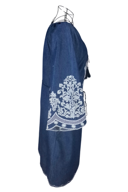 Rochie traditionala dama R, albastru/alb