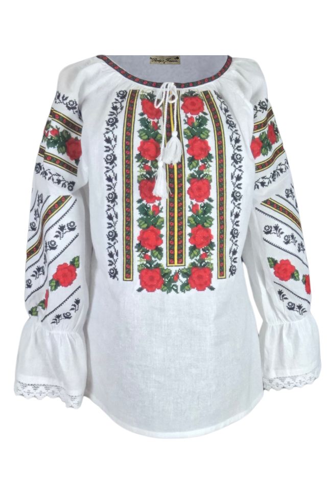 Bluza dama tip ie 124, alb natural/rosu antichizat