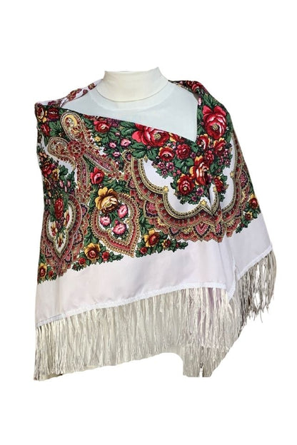 Esarfa tip sal cu flori, Dacali, alb, 107 x107 cm