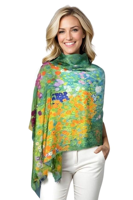 Esarfa tip sal doua fete pictata 11, Dacali, matase, verde/bleu, 180x70cm