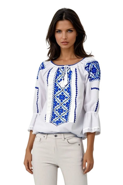 Bluza tip ie dama RDB2, alb cocos/albastru