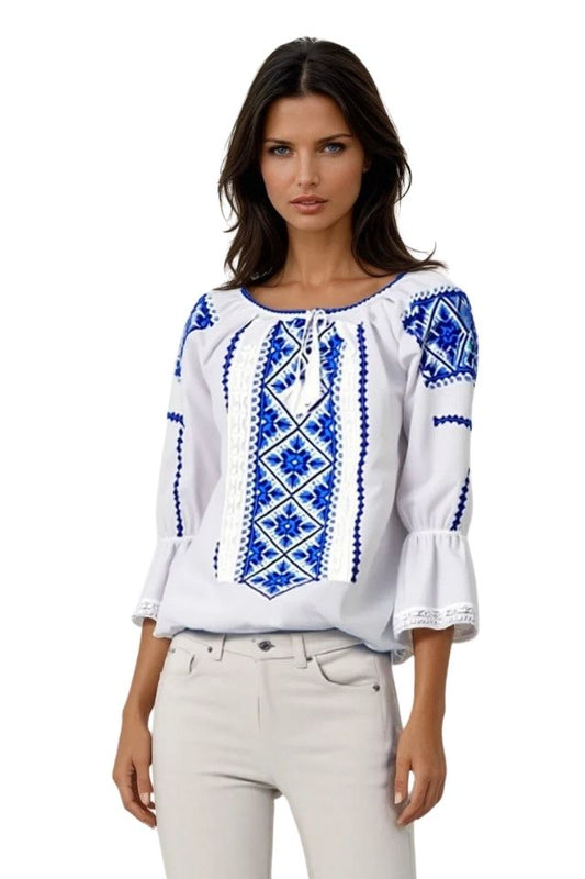 Bluza tip ie dama RDB2, alb cocos/albastru