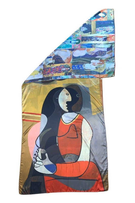Esarfa tip sal doua fete pictata P, Dacali, matase, galben/gri, 180x70cm