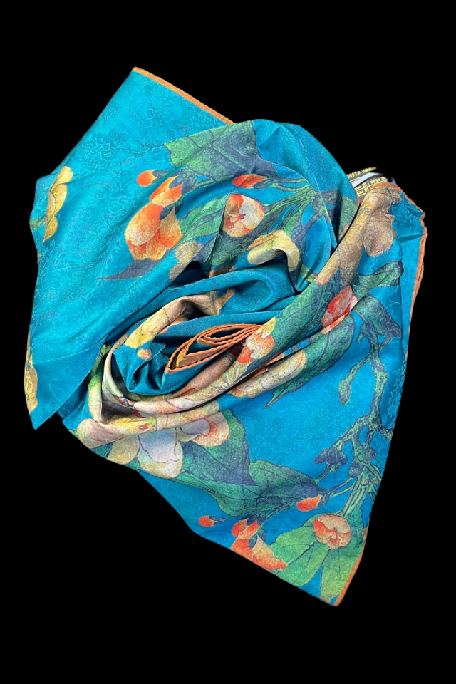 Esarfa de lux din matase naturala, turcoaz/maro, 180x70cm