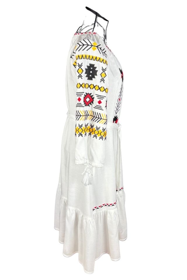 Rochie traditionala dama R25 alb/galben