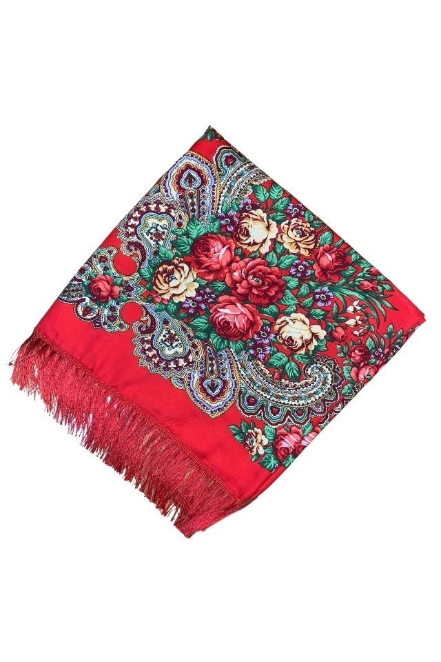 Esarfa tip sal cu flori, Dacali, rosu, 107 x107 cm