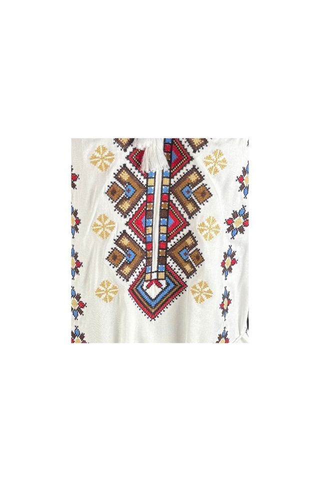 Rochie traditionala dama R25 alb/maro