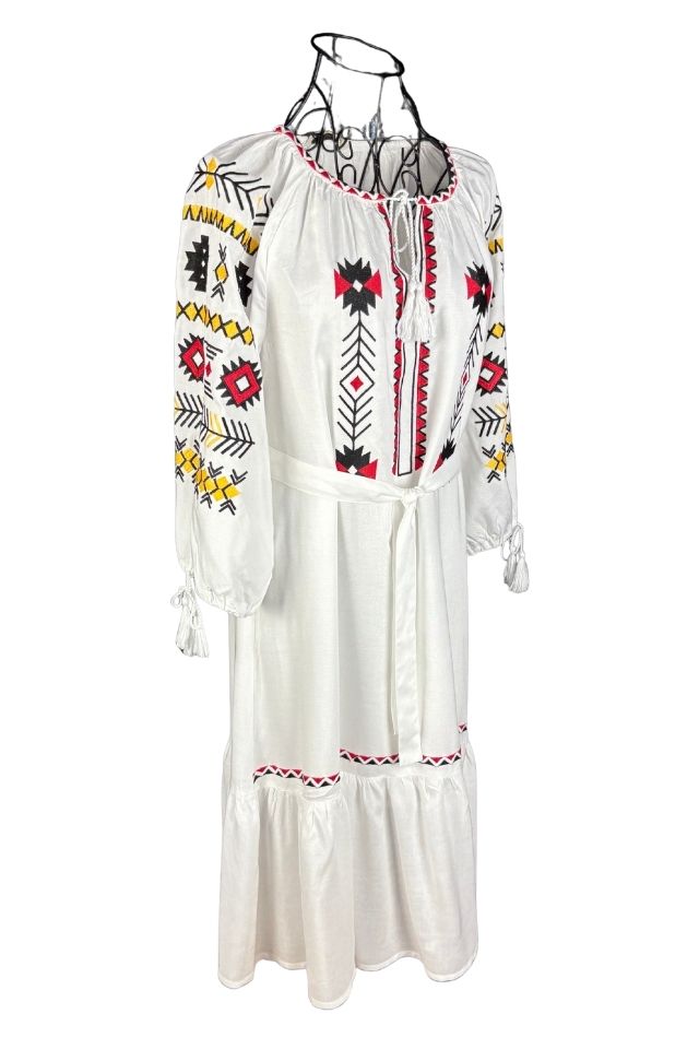 Rochie traditionala dama R25 alb/galben