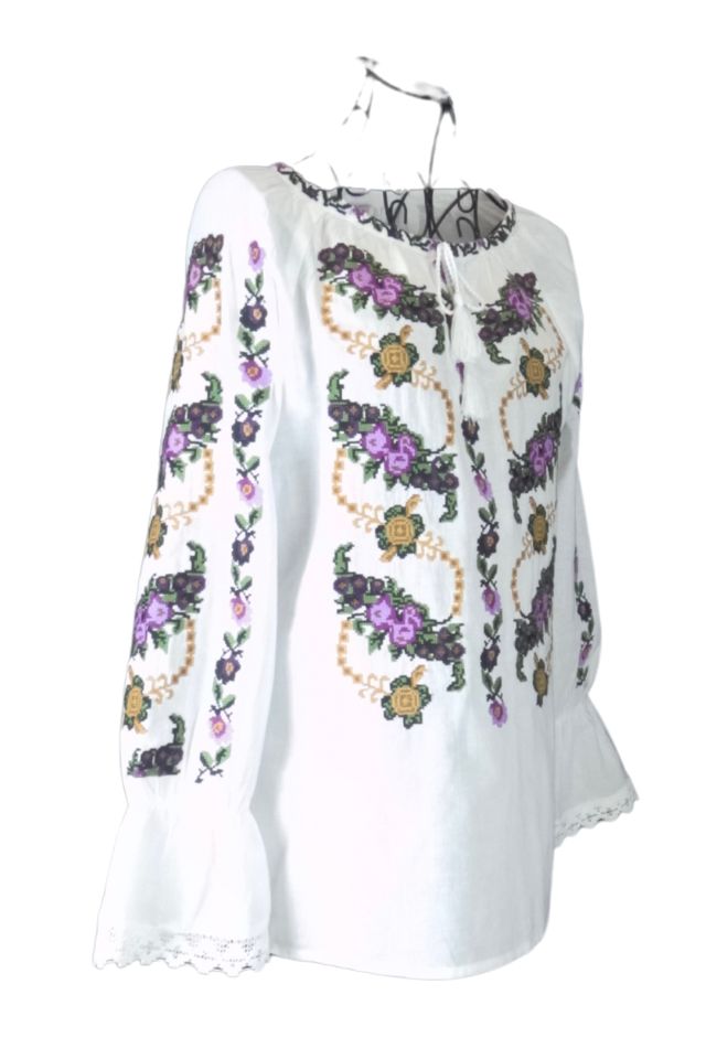 Bluza tip ie traditionala dama DEC, alb crystal/mov