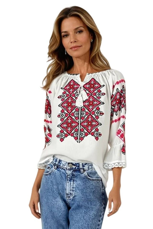 Bluza dama tip ie R256  alb/rosu
