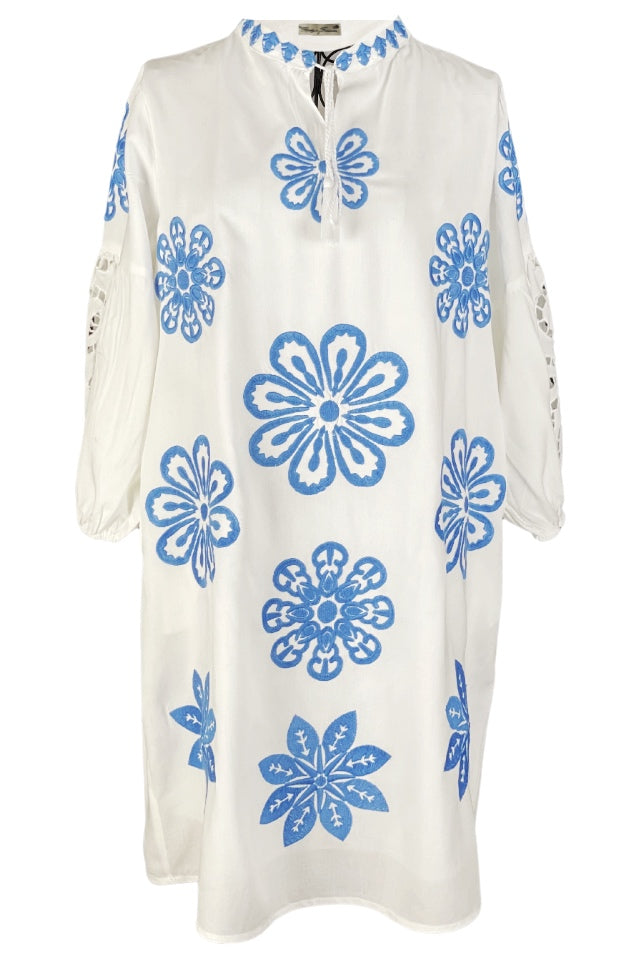 Rochie traditionala dama R24, alb crystal/albastru