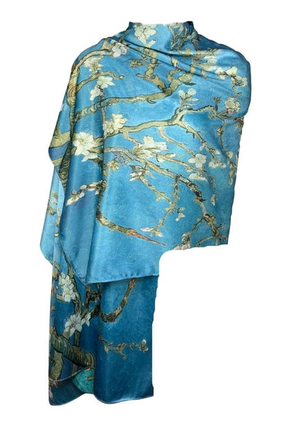 Esarfa tip sal doua fete pictata 15, Dacali, matase, bleu/verde, 180x70cm