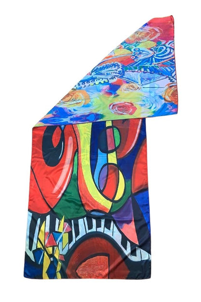 Esarfa tip sal doua fete pictata P2, Dacali, matase, rosu/galben, 180x70cm