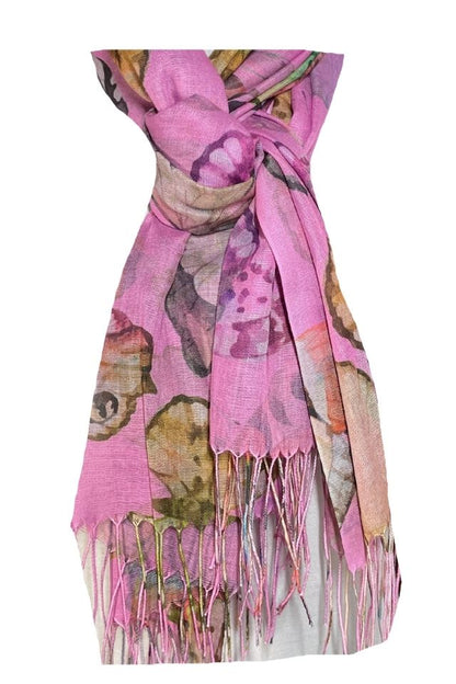 Esarfa cu fluturi din material tip casmir, Dacali, roz deschis, 185 x 75 cm
