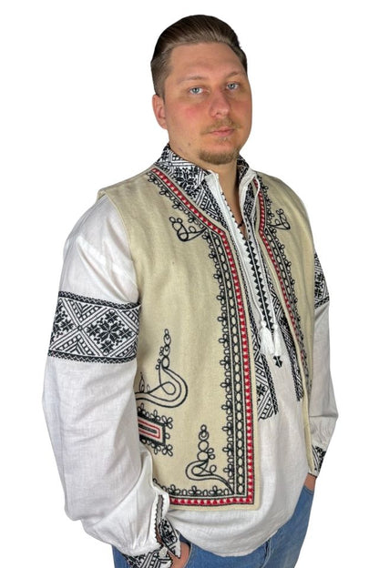 Vesta traditionala barbati bej/rosu