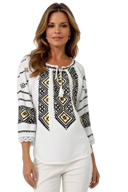 Bluza dama tip ie 024, alb trandafir/maro deschis