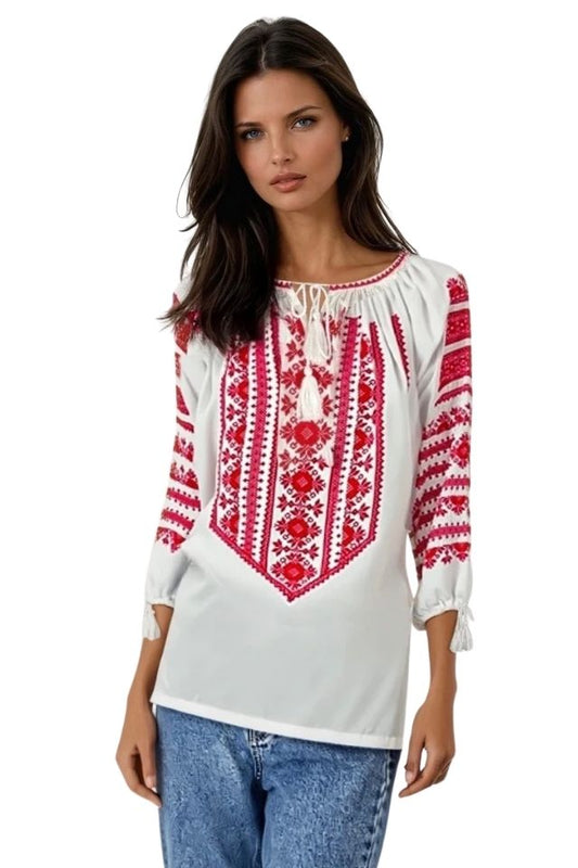 Bluza dama tip ie R25 alb/rosu bordo