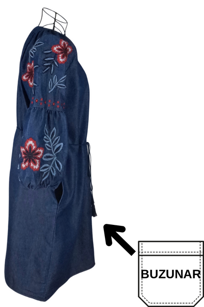 Rochie traditionala dama R, albastru/rosu