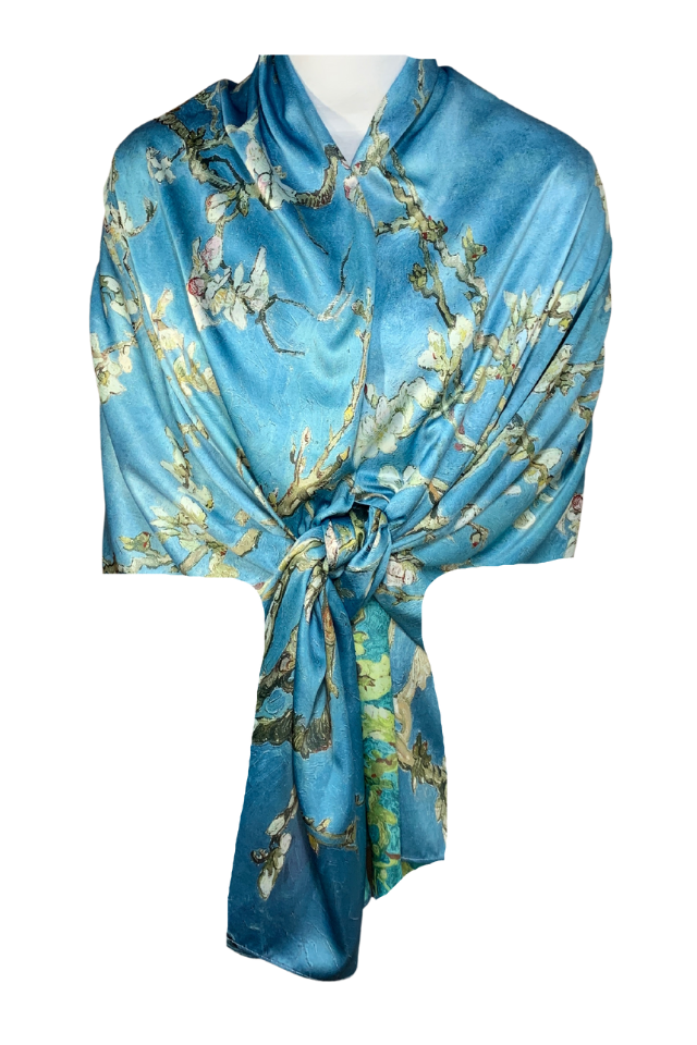 Esarfa tip sal doua fete pictata 15, Dacali, matase, bleu/verde, 180x70cm