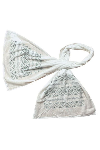 Esarfa tip marama traditionala, alb/olive, 180 x 53 cm