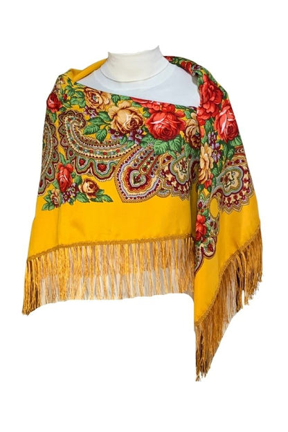 Esarfa tip sal cu flori, Dacali, galben, 107 x107 cm