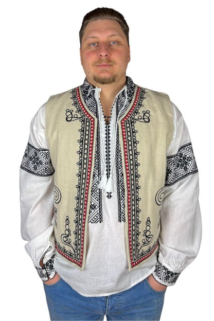 Vesta traditionala barbati bej/rosu