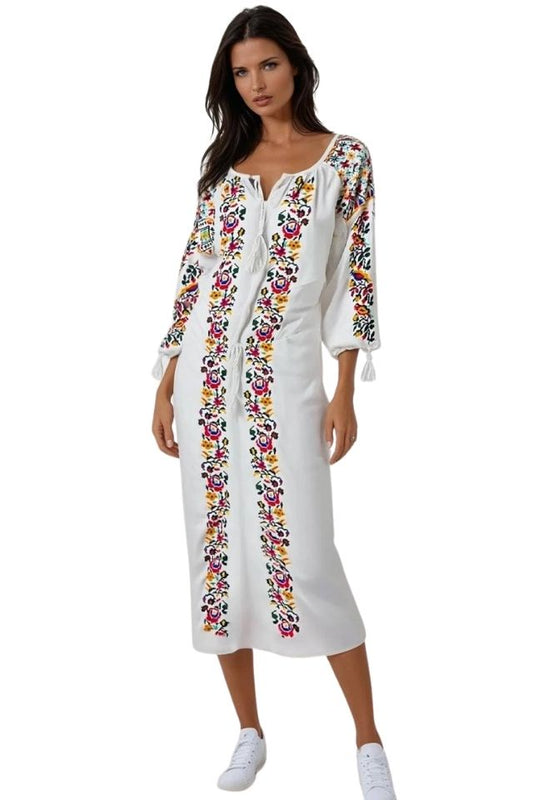Rochie traditionala dama R25 alb/galben