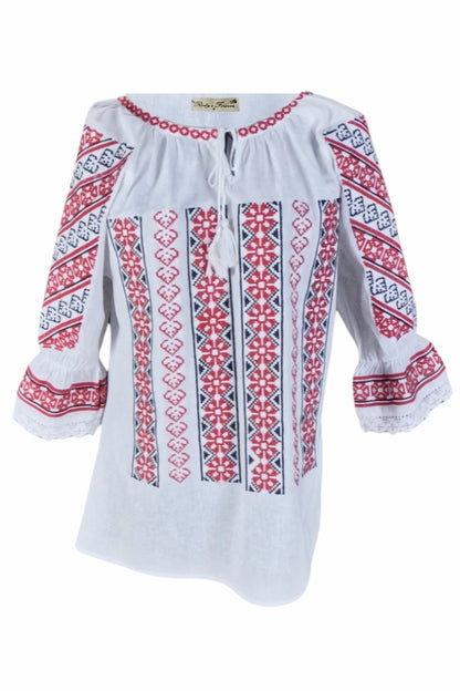 Bluza tip ie dama R24, alb alpin/rosu bordo