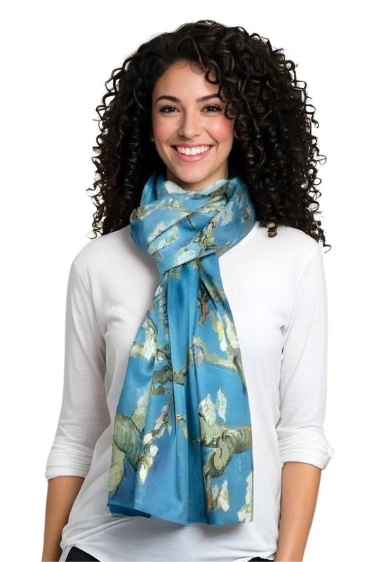 Esarfa tip sal doua fete pictata 15, Dacali, matase, bleu/verde, 180x70cm
