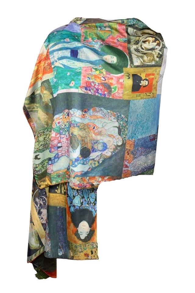 Esarfa tip sal doua fete pictata P, Dacali, matase, galben/gri, 180x70cm