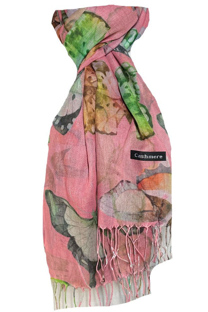 Esarfa cu fluturi din material tip casmir, Dacali, roz bujor, 185 x 75 cm