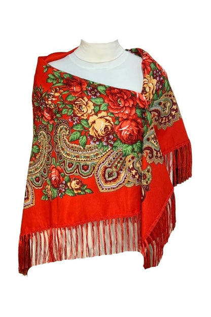 Esarfa tip sal cu flori, Dacali, rosu, 107 x107 cm