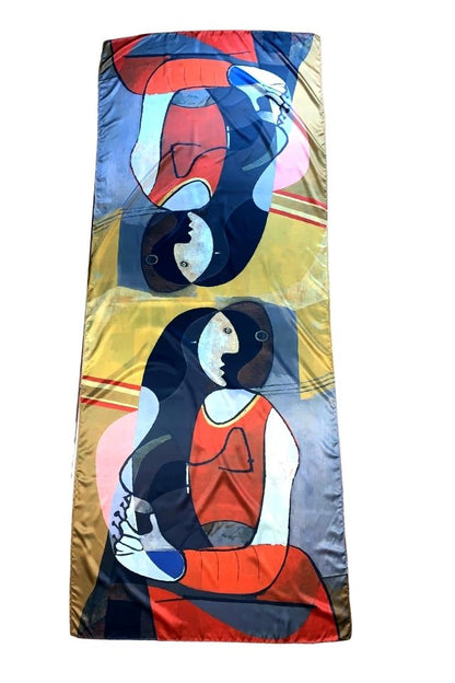Esarfa tip sal doua fete pictata P, Dacali, matase, galben/gri, 180x70cm