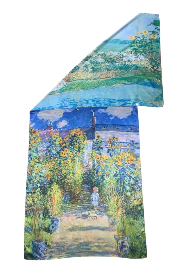 Esarfa tip sal doua fete pictata CO, Dacali, matase, albastru/galben, 180x70cm