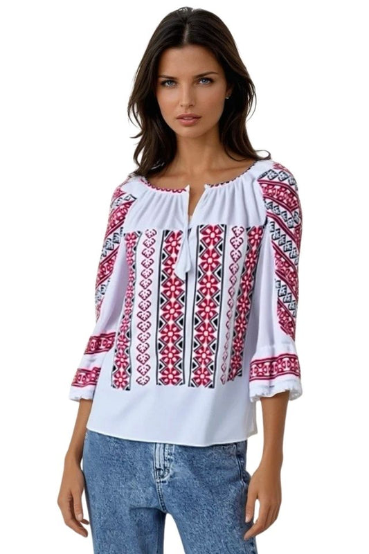 Bluza tip ie dama R24, alb alpin/rosu bordo