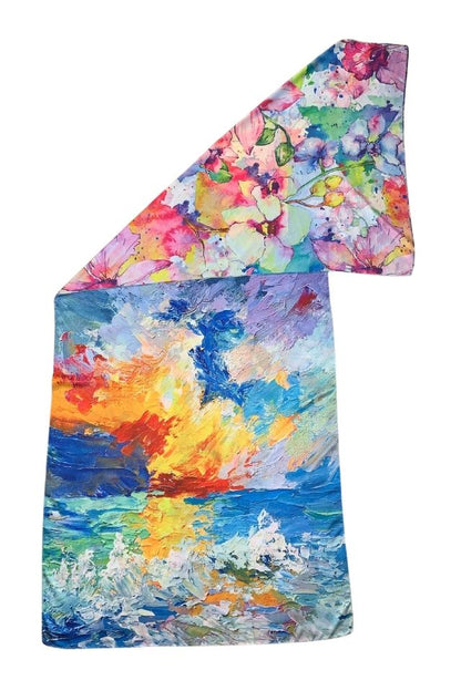 Esarfa tip sal doua fete pictata N, Dacali, matase, galben/albastru, 180x70cm