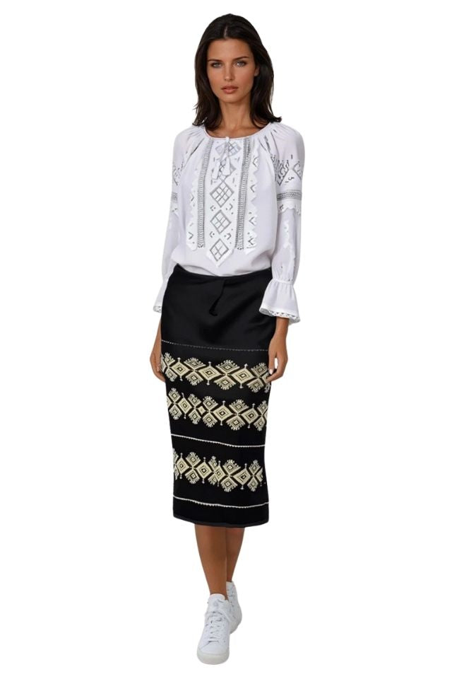Fusta dama casual tip fota cu romburi din stofa, negru/bej, One Size INTL