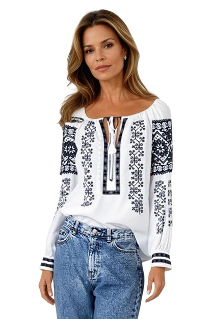 Bluza tip ie traditionala dama DEC, alb pur/gri