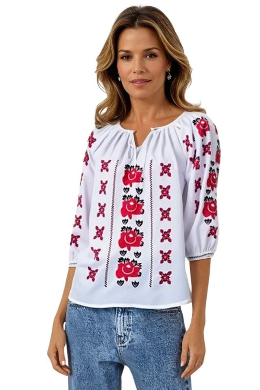 Bluza tip ie dama R2, alb pur/rosu bordo