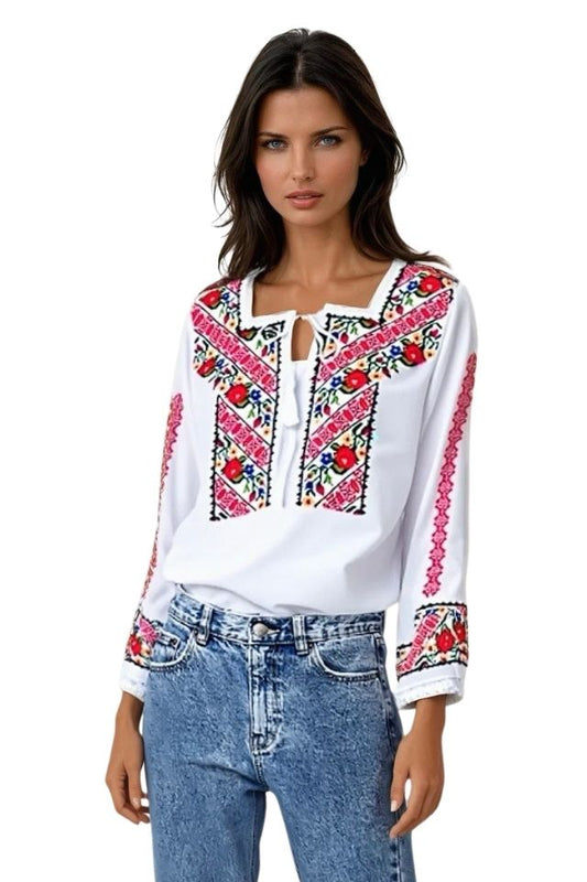 Bluza tip ie traditionala dama DEC, alb/rosu