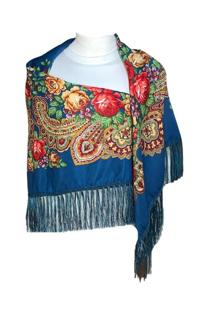 Esarfa tip sal cu flori, Dacali, albastru inchis, 107 x107 cm