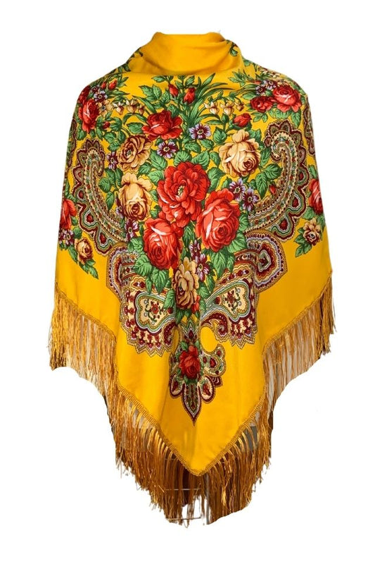Esarfa tip sal cu flori, Dacali, galben, 107 x107 cm