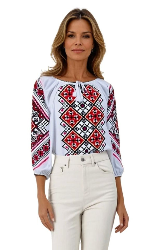 Bluza tip ie dama R24D, alb pur/rosu