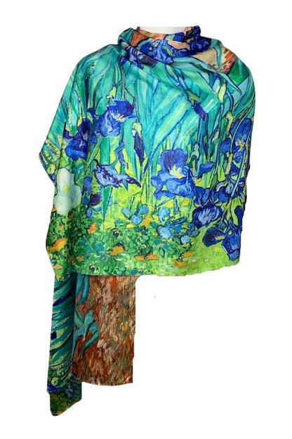 Esarfa tip sal doua fete pictata I, Dacali, matase, albastru/verde, 180x70cm