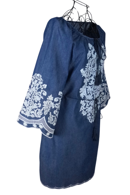 Rochie traditionala dama R, albastru/alb
