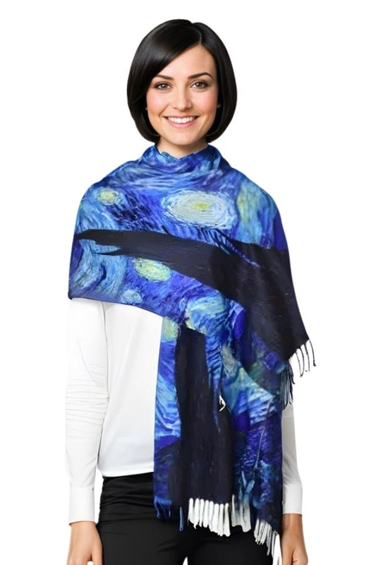 Fular tip esarfa pictata multicolor 2, casmir, 08 albastru/galben
